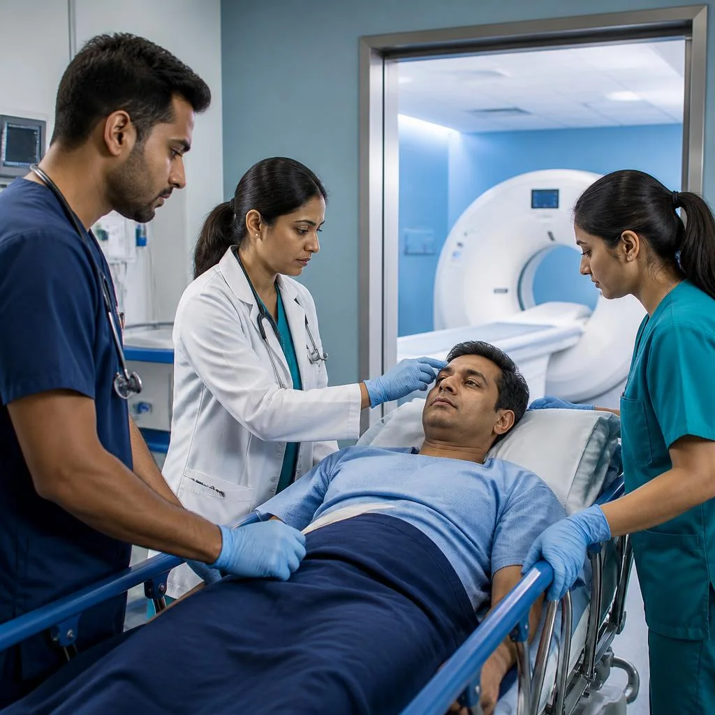 Emergency team assessing a patient near a CT scanner