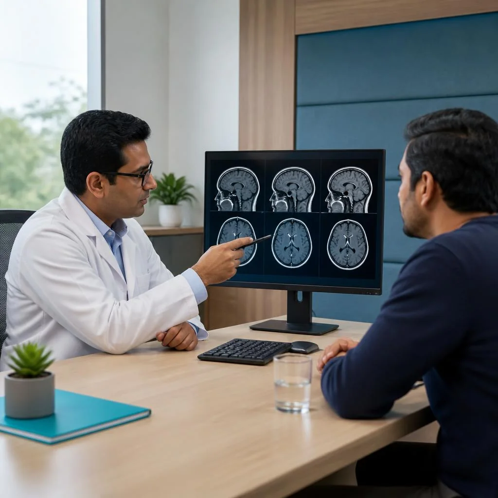 Neurologist reviewing a brain scan with a patient