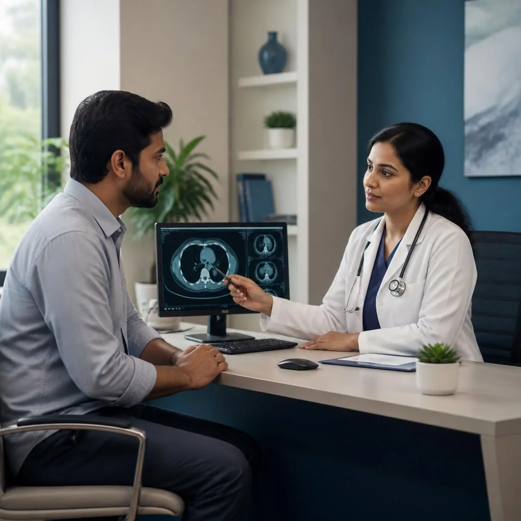 Patient consulting an oncologist about an imaging scan