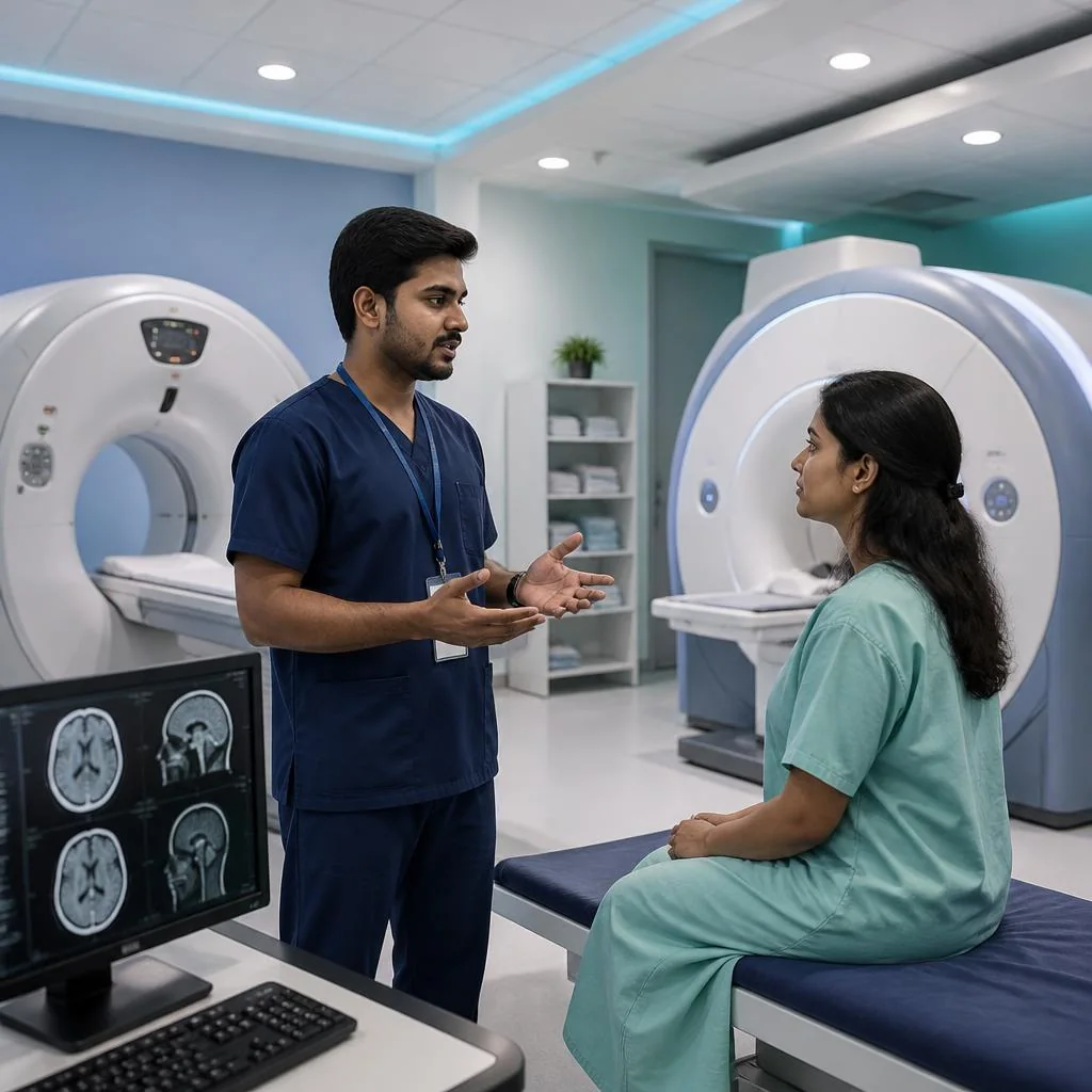 Patient speaking with a radiology team beside CT and MRI scanners