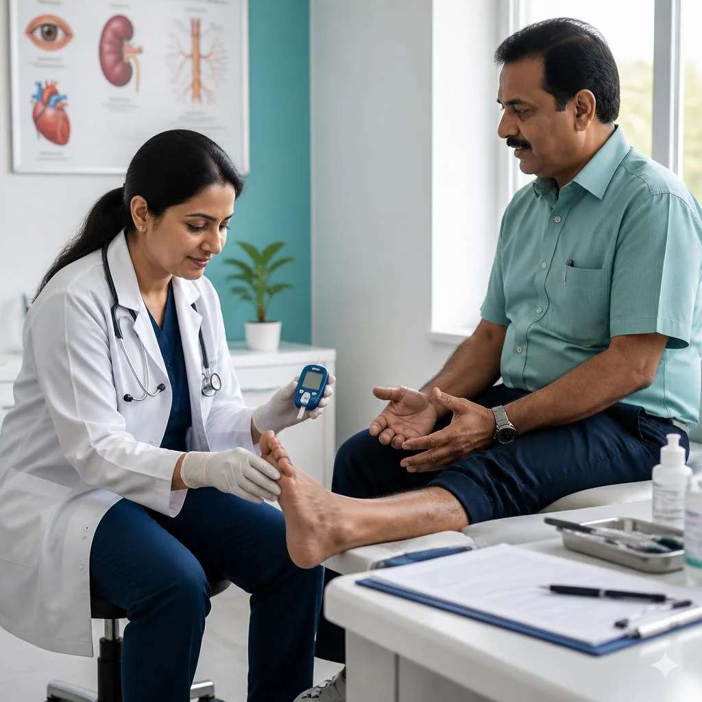 Doctor performing a preventive foot check for a patient with diabetes