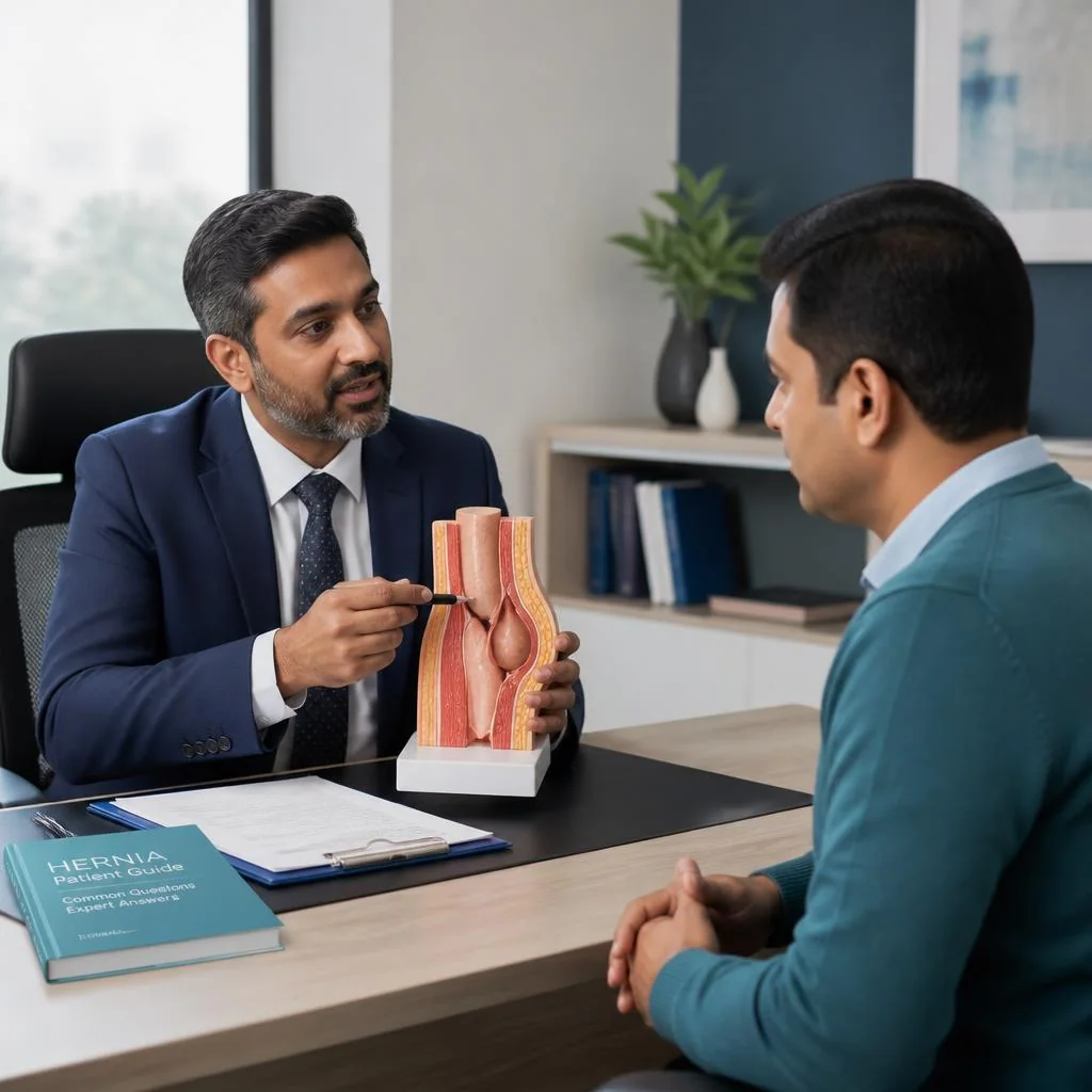 Surgeon explaining an abdominal wall model to a patient