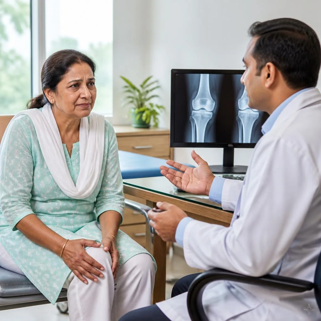 Older adult discussing a knee X-ray with an orthopaedic clinician