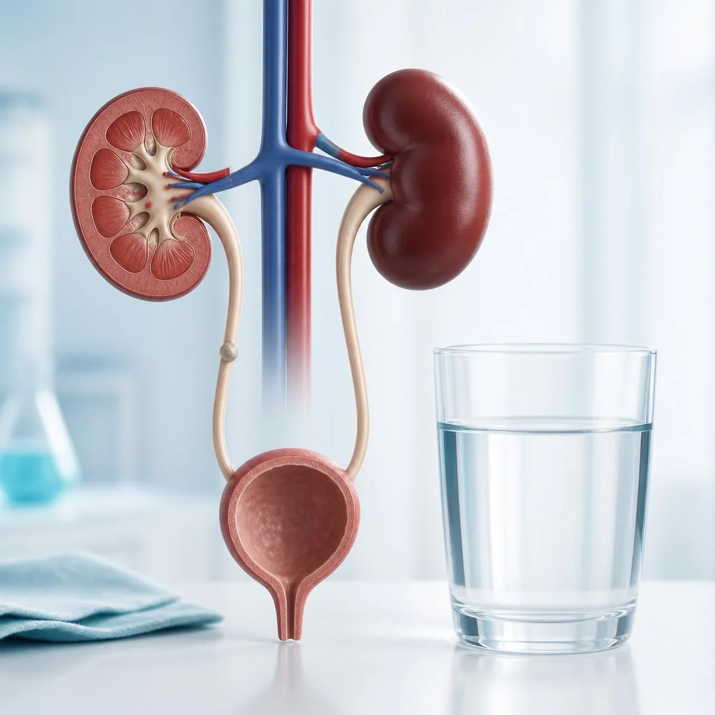Medical illustration of kidneys and urinary tract beside a glass of water