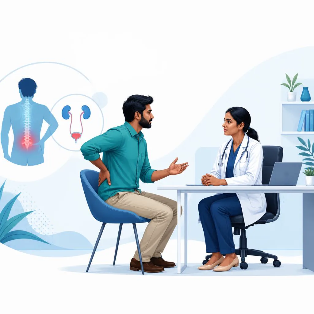 Patient privately discussing urgent back and bladder symptoms with a clinician.