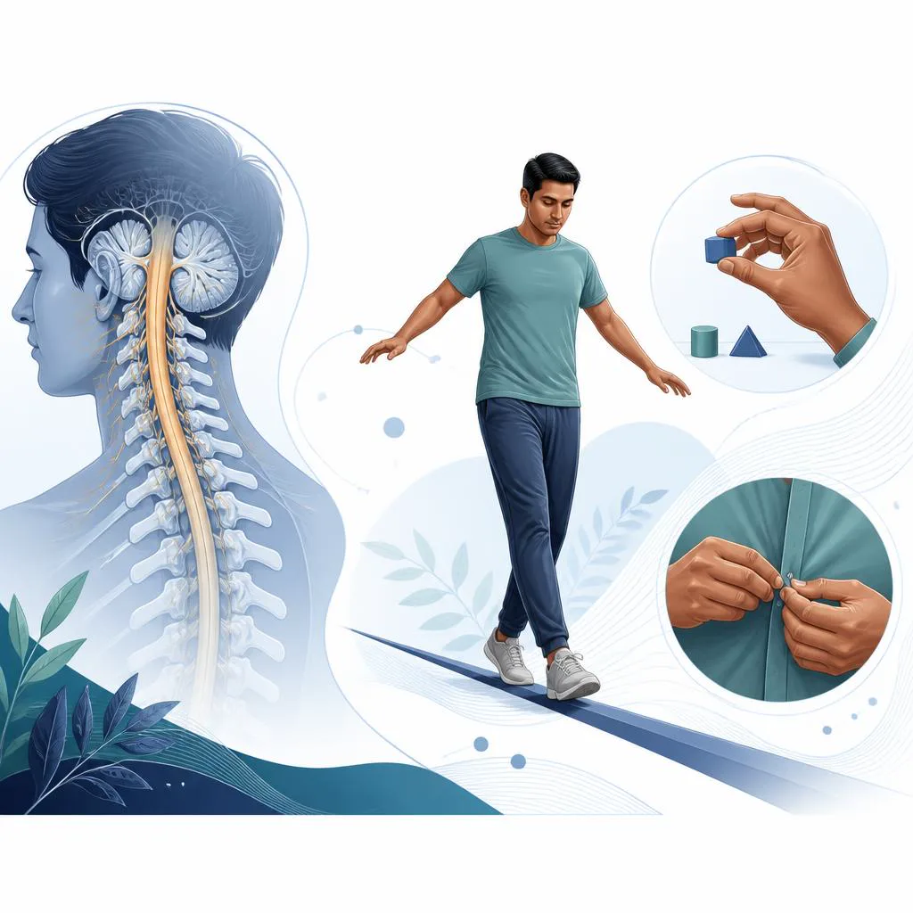 Illustration of cervical spinal cord health, hand coordination and balance.