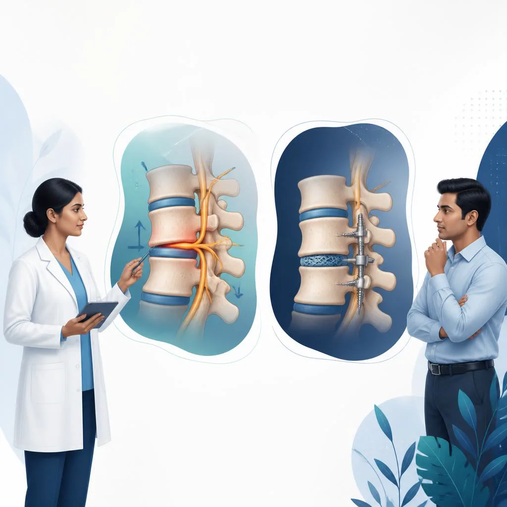 Educational comparison of spinal nerve decompression and vertebral fusion.