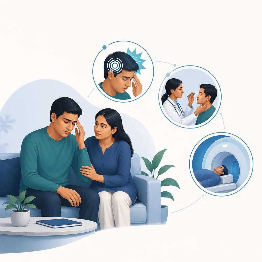 Educational illustration of a patient, caregiver and urgent assessment after a head injury.