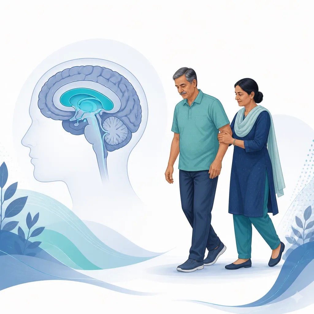 Educational illustration of the brain fluid spaces and an adult walking with support.