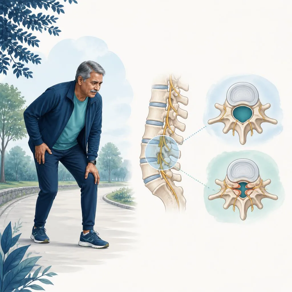 Illustration of walking-related leg discomfort and lumbar canal narrowing.