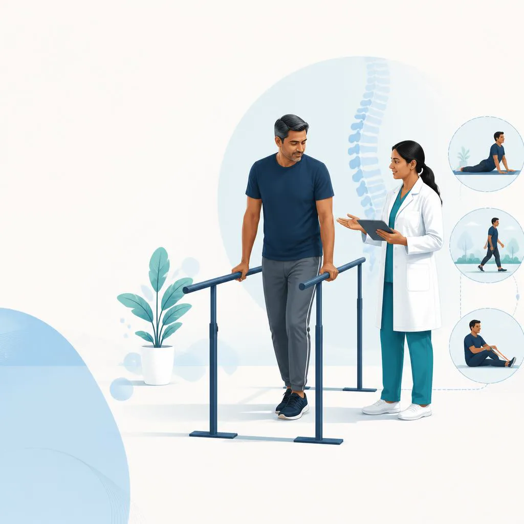 Illustration of supported walking and personalised aftercare after spine surgery.