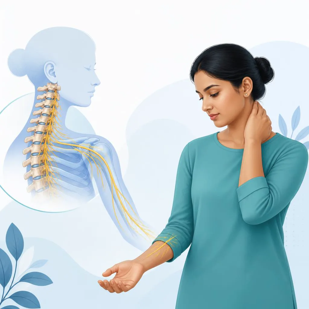 Educational diagram of cervical nerves and symptoms that can travel into an arm.