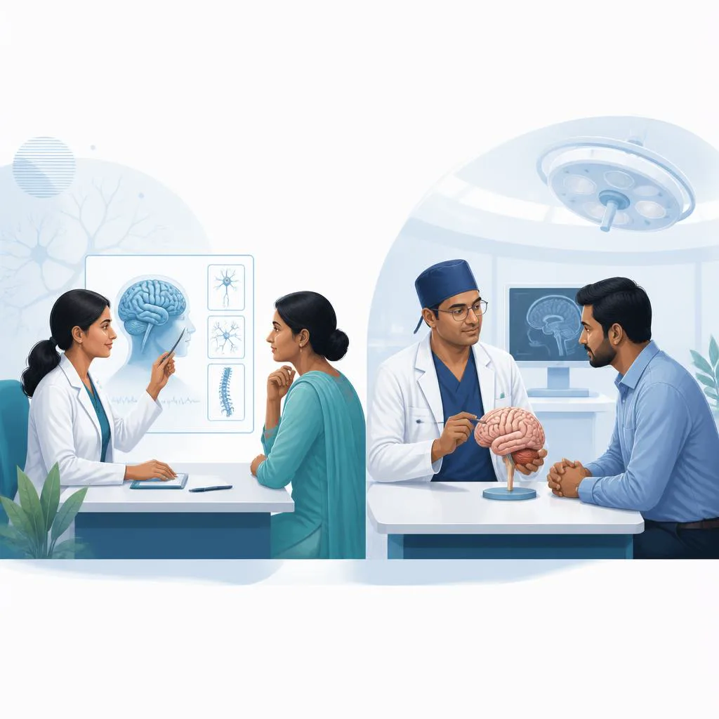 Illustration comparing neurology and neurosurgery consultations with a patient.