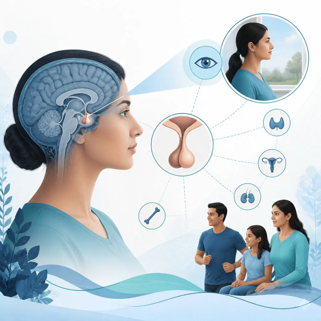 Educational illustration of the pituitary gland, visual pathways and hormone health.
