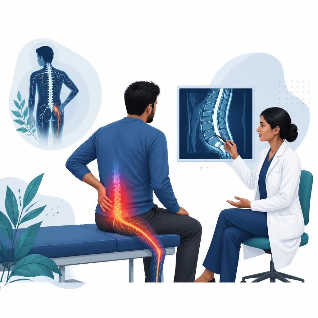 Illustration of sciatica assessment and a clinician discussing an MRI.
