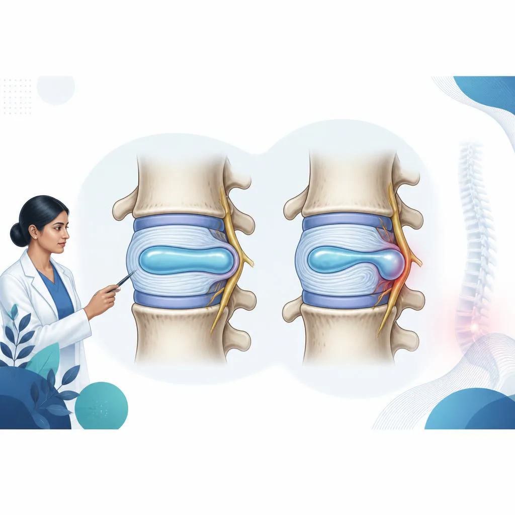 Educational comparison of a disc bulge and a focal disc herniation.