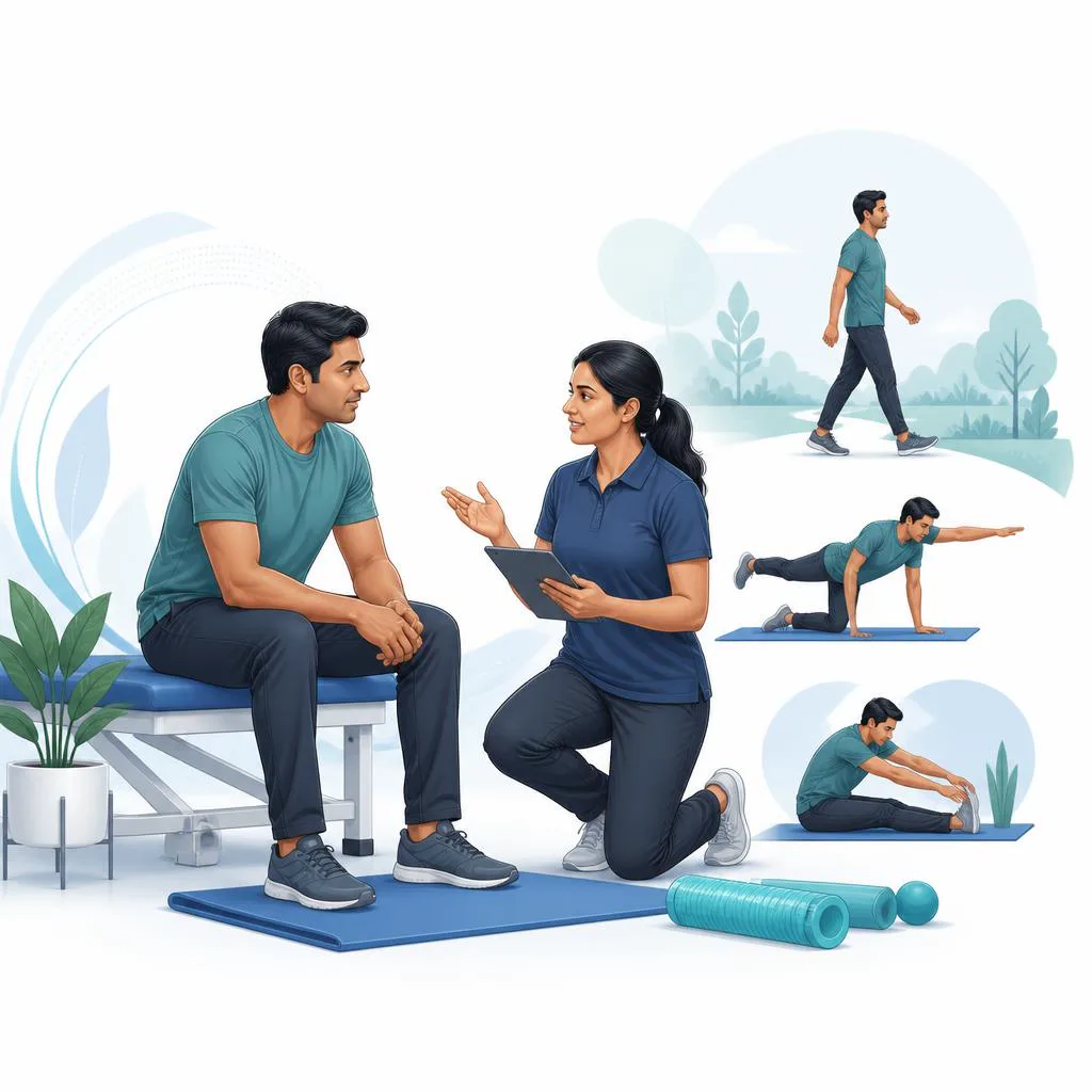 Patient discussing supervised non-surgical back care with a physiotherapist.
