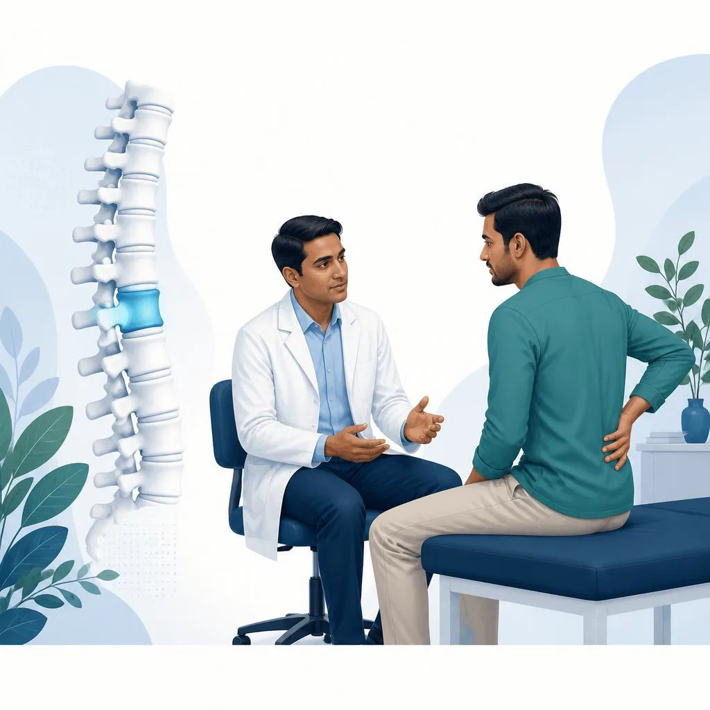 Non-graphic illustration of a highlighted vertebra and a spine consultation.