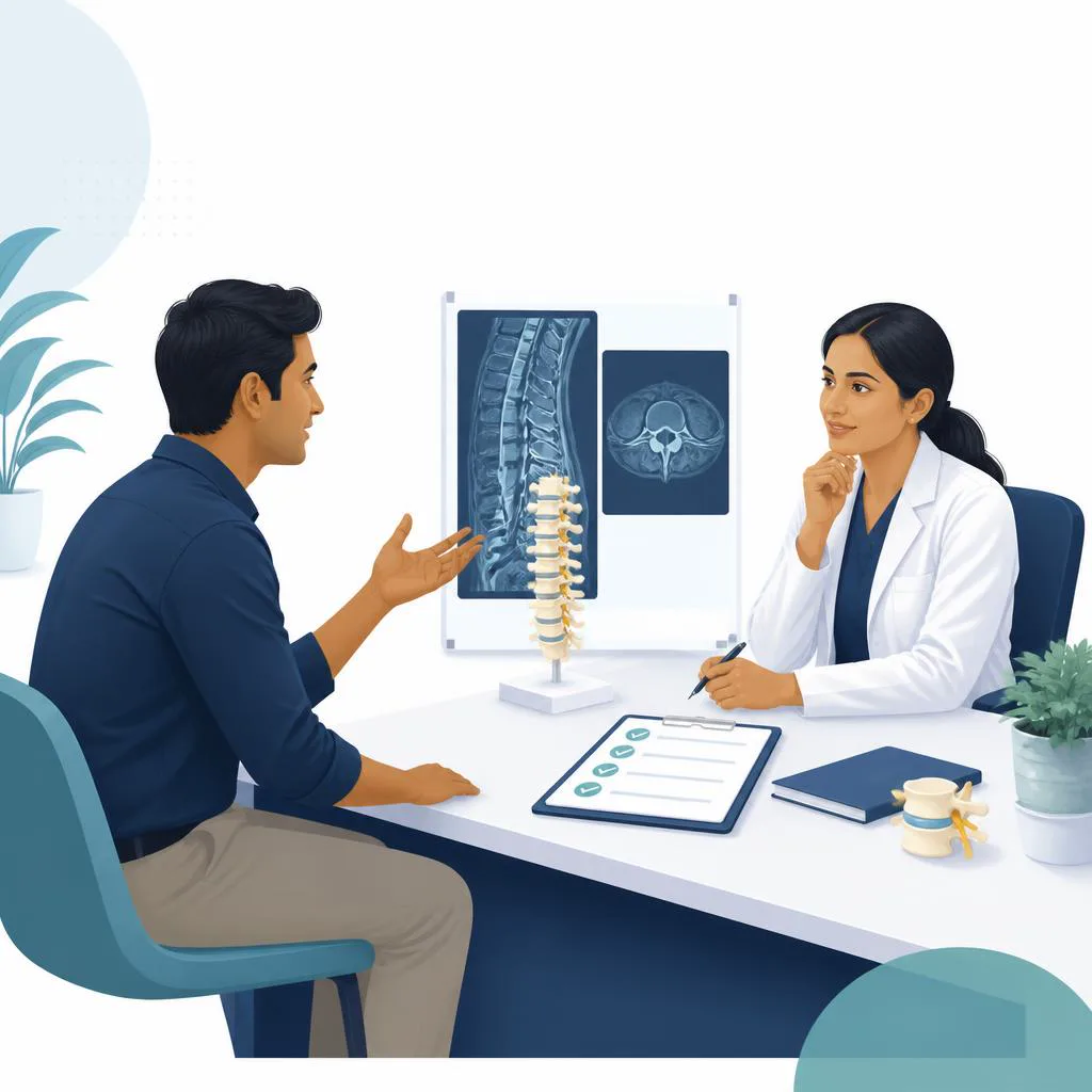 Patient asking questions with a spine model and scan during a consultation.