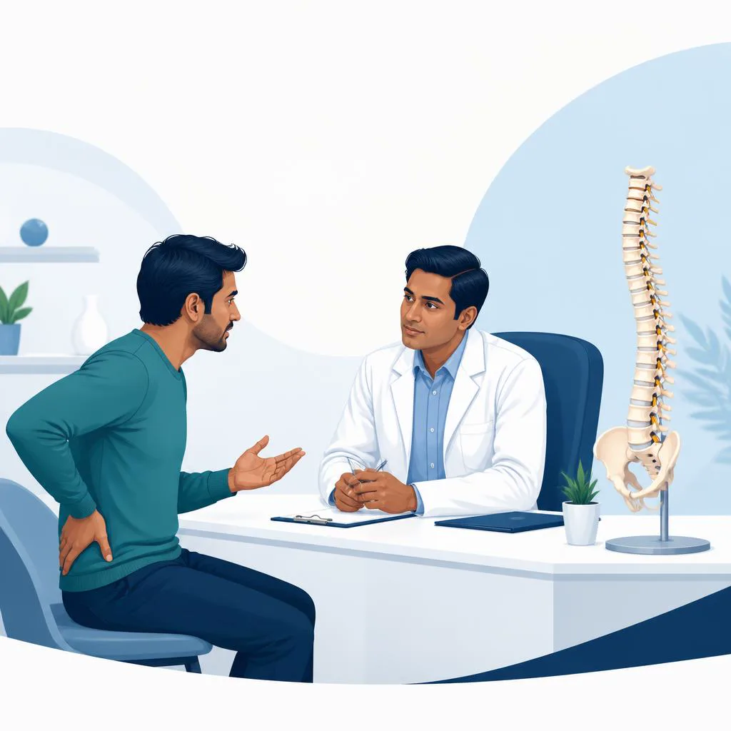 Patient discussing back and leg symptoms with a spine specialist.
