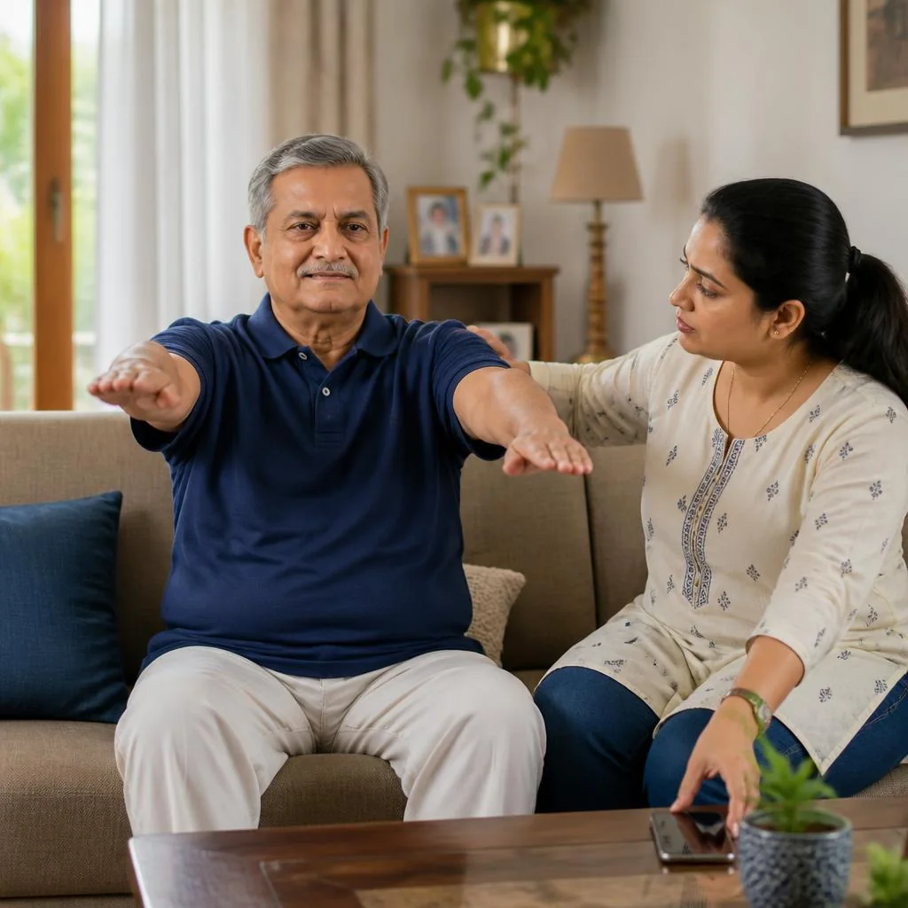 Family member supporting an older adult during a stroke warning-sign check