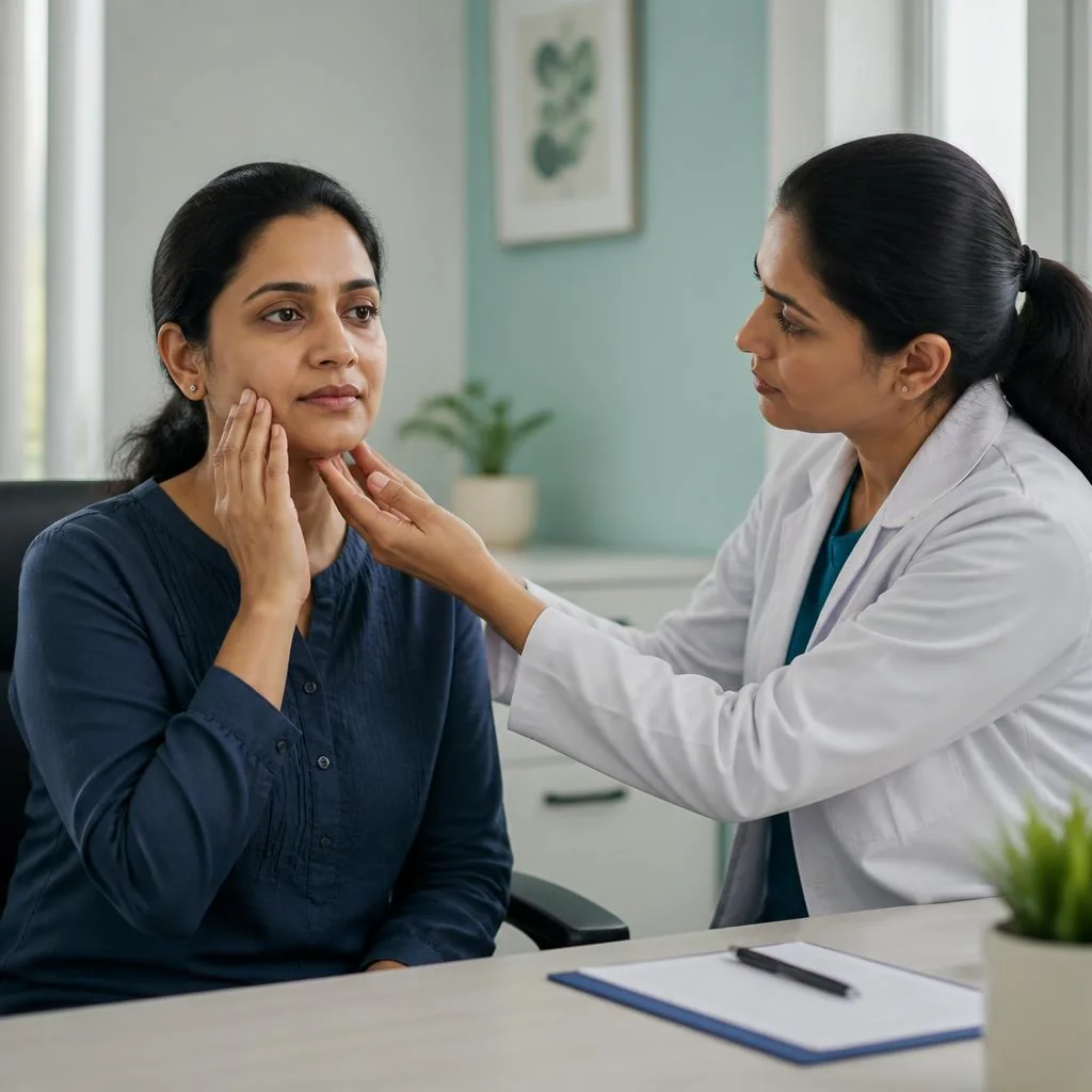 Clinician assessing facial pain with a patient