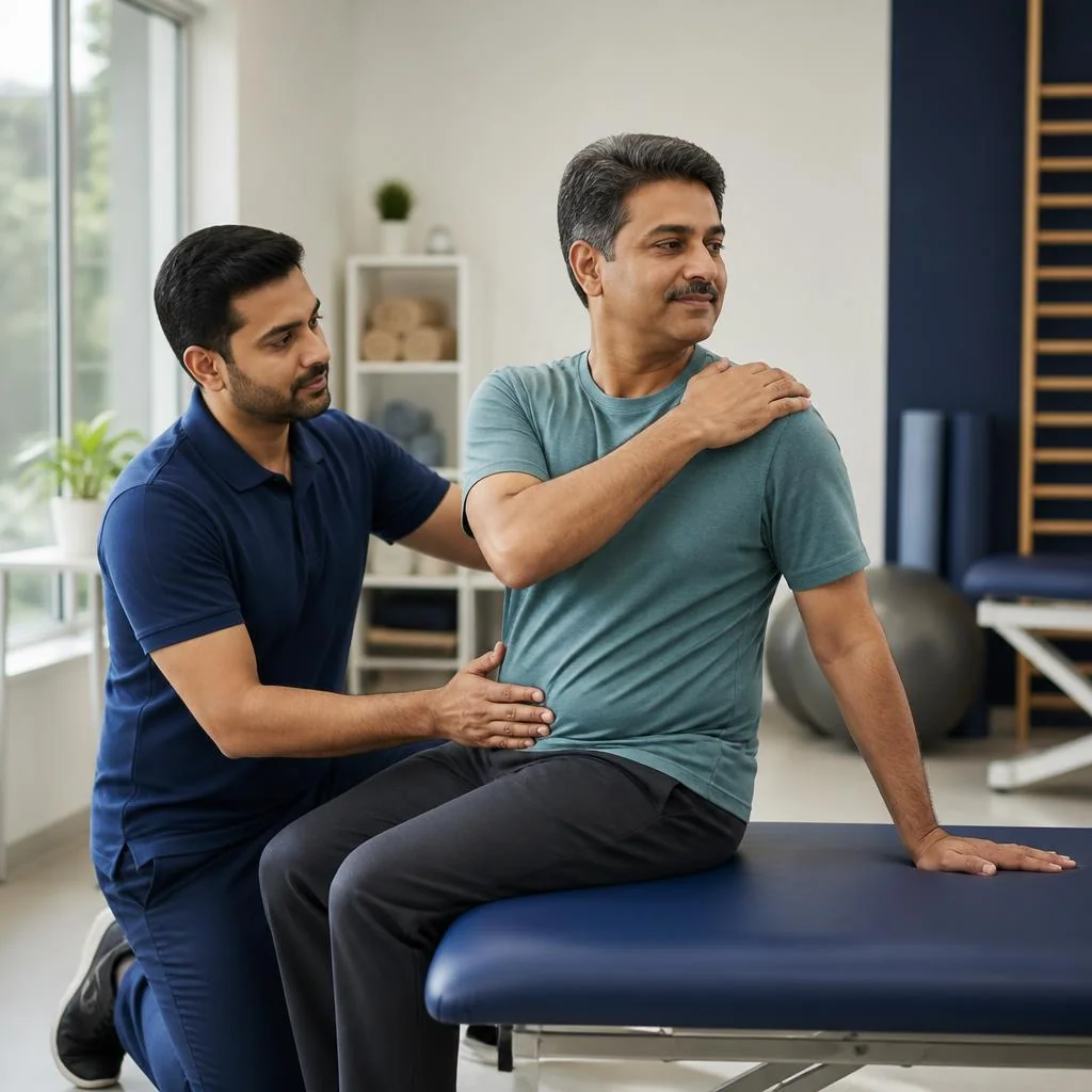 Physiotherapist guiding an adult through a gentle back stretch