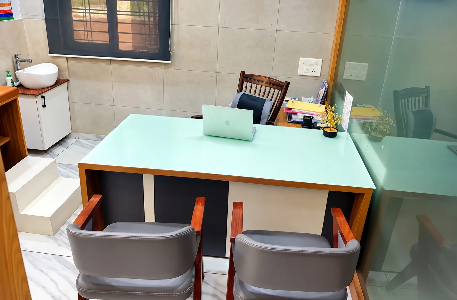 Hospital room with a bed and bedside equipment