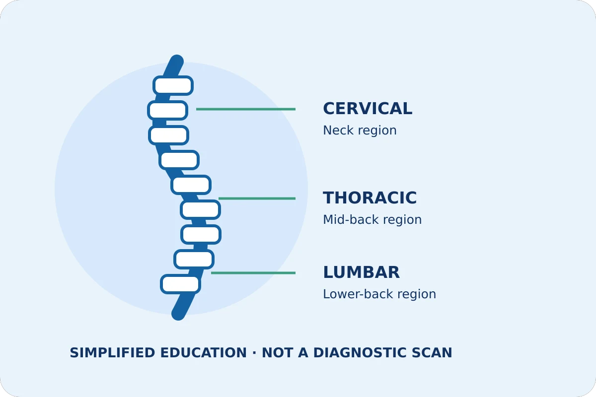 Simplified educational illustration showing cervical, thoracic and lumbar spine regions